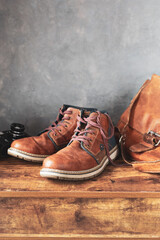 old travel vintage boots shoes and leather bag