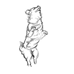 Fototapeta na wymiar A Dog Stands on its Hind Legs. A Cute Shaggy Dog. Vector Illustration of a Beautiful Sketched Labrador-Retriever. Freehand Monochrome Drawing. Linear Sketch. Realistic Style. Animal Art for Kids Sketc