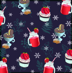 Strawberry sweet vector illustration on the purple background with plants and snowflakes