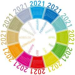 Colorful calendar for 2021. Circular design. In vector format