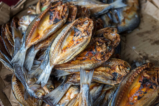 Daing for sale at a local dried fish store in Divisoria, Manila, Philippines. The fish is split open and dried.