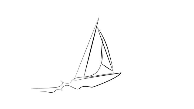 Sailing yacht in one line. Black line animation with hand on white background