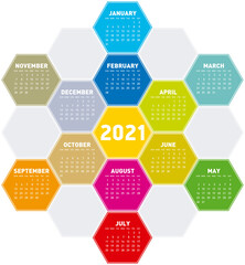 Colorful Calendar design for year 2021 in an hexagonal pattern. In vector format.