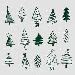 Vector hand drawn set of christmas trees isolated on the grey background. Collection of  decorative christmas tree illustrations.