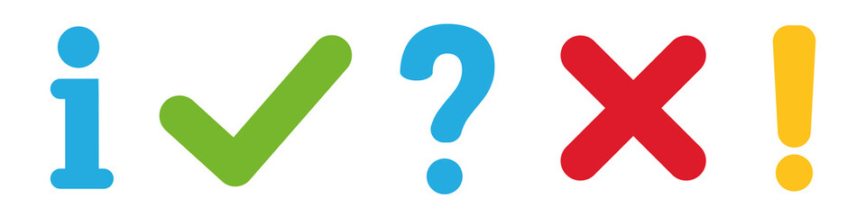 Fototapeta premium Check mark, cross, information and exclamation icons vector. Set colored flat button. Tick, question, information and answers mark. Signs isolated on white background. Vector illustration.