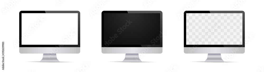 Poster set of realistic computer display with blank screen. white, black and transparent empty modern scree