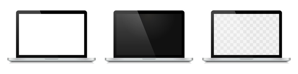 Set of realistic laptop with blank screen. White, black and transparent empty modern screen. Blank display mockup. Computer notebook template isolated on white background. Vector illustration.