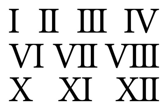 Set of roman numerals isolated on white background. Numbers from one to twelve. Vector illustration.