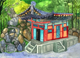Fototapeta na wymiar watercolor illustration of a Chinese temple on a mountainside in a forest