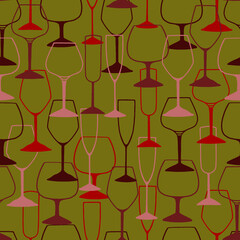 Contour glasses for wine. Hand drawn vector seamless pattern. Colored outline flat background in retro style. Bright abstract design for print, decor, wallpaper, fabric, textile, wrapping paper, card.