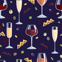 Wine glasses and abstract shapes. Hand drawn vector seamless pattern. Colorful flat background in scandinavian style. Simple design for print, decor, wallpaper, fabric, textile, wrapping paper, card.