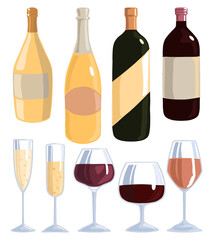 Various wine bottles and glasses. Collection of flat hand drawn vector illustrations. Colorful simple alcoholic elements in scandinavian style. Set for design, print, decor, card, sticker, poster etc.