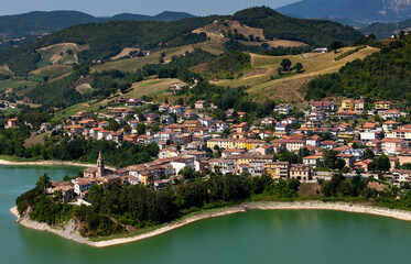 Mercatale artificial lake seen from the fortress of Sassocorvaro, strategic point on the valley, Marche, Italy