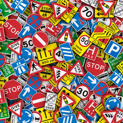 UK Road Signs Background. Extra large 3D illustration of British road signs like stop signs, speed limit signs and warning signs.