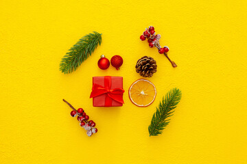 Christmas composition  on yellow background. Flat lay