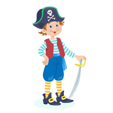 Funny boy in a pirate costume. In cartoon style. Isolated on  white background. Vector flat illustration.