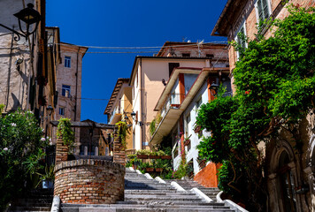 Corinaldo, Ancona, Marche, Italy: the long staircase in the downtown of the beautiful ancient italian village