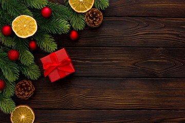 Christmas composition  on dark wooden background. Flat lay