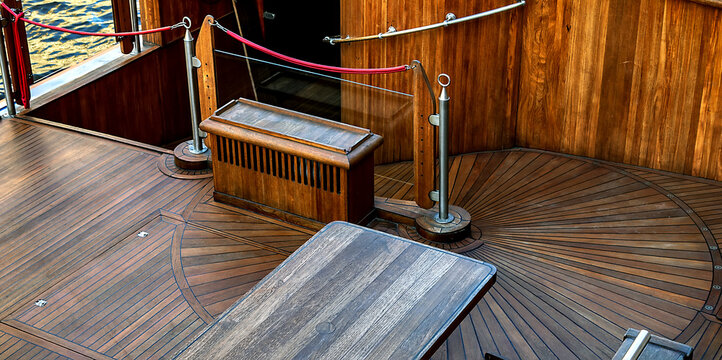 Old sailship wood deck balcony.