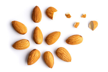 Top view Almonds isolated on white background