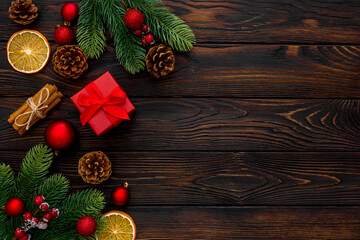 Christmas composition  on dark wooden background. Flat lay