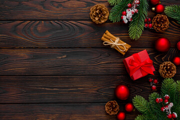 Christmas composition  on dark wooden background. Flat lay