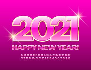 Vector glamour greeting card Happy New Year 2021! Chic Pink and Gold Font. Elegant Alphabet Letters and Numbers set