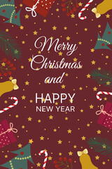 Fototapeta na wymiar Poster with Christmas attributes, New Year background. Suitable for poster, print, web page. Vector illustration, place for text