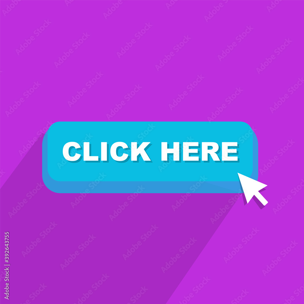 Poster click here web button. click here sign with pointer. click here modern 3d banner with long shadow. v