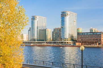 Fototapeta premium View of the residential complex on the Leningradskoe highway from the side of the Northern Tushino park. Moscow. Russia