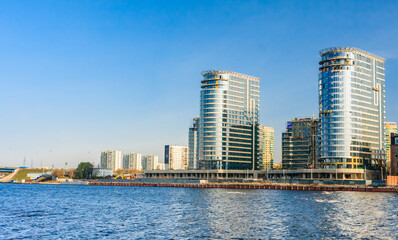Fototapeta premium View of the residential complex on the Leningradskoe highway from the side of the Northern Tushino park. Moscow. Russia