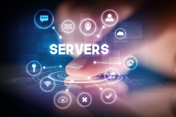 Finger touching tablet with web technology icons and SERVERS inscription, web technology concept