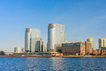 View of the residential complex on the Leningradskoe highway from the side of the Northern Tushino park. Moscow. Russia