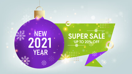 New 2021 year. Super sale. Stylish banner in green and purple tones. Abstract Horizontal banner with a beautiful light background