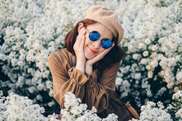 Happiness Asian tourist woman visiting cutter flowers farm in Mae Rim district, Chiang Mai province...