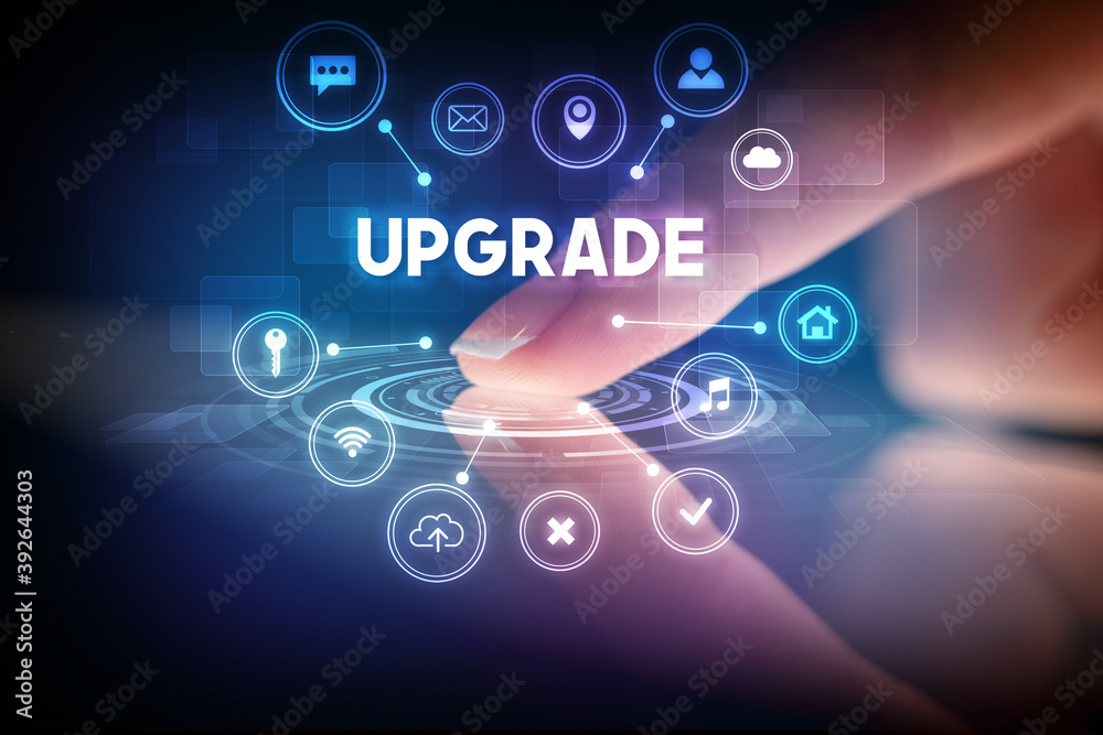 Poster Finger touching tablet with web technology icons and UPGRADE inscription, web technology concept