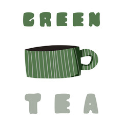 Wide cup with linear print for coffee or tea. Green tea