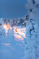 Snowmobile ride through the snowy forest