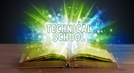 TECHNICAL SCHOOL inscription coming out from an open book, educational concept