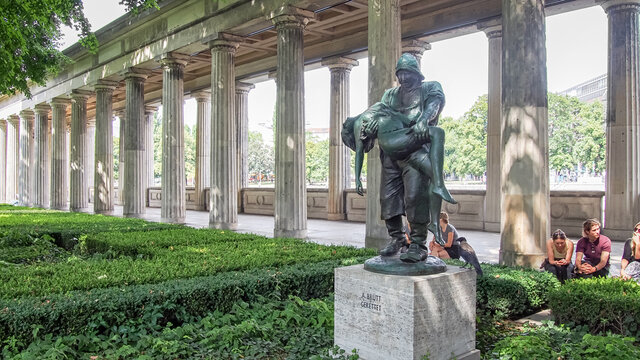 BERLIN, GERMANY-JULY 31, 2016: Gerettet  sculpture by Adolf Brutt, installed in the Kolonnadenhof outside the Alte Nationalgalerie in Berlin, Germany