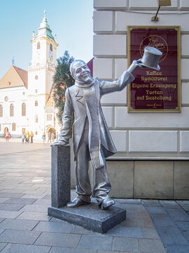 BRATISLAVA, SLOVAKIA-APRIL 2, 2018: Statue of Schoner Naci (real name Ignac Lamar) by Juraj Melis