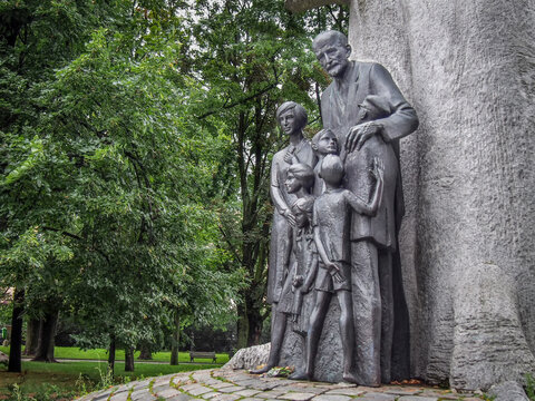 WARSAW, POLAND-AUGUST 10, 2017: Janusz Korczak monument in the center of the Warsaw. He was a Polish-Jewish educator, children's author, and pedagogue.