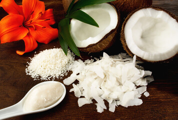 Coconut Preparations with Coconut Mash and Coconut Flakes on wooden Background