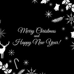 Obraz premium Christmas and new year greeting card in flat design. Black and white vector illustration with deer, balls, wreaths, pine branches, snowflakes, bells.