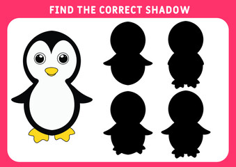 Find the correct shadow, education game for children. Funny little penguin. Preschool worksheet. Vector illustration.