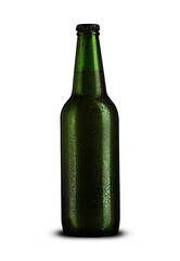 glass bottle with beer and drops