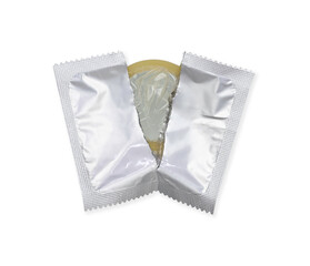 Opened Condom It is used to prevent sexually transmitted diseases isolated on white background. Prevent infection virus aids. Teenage contraception.