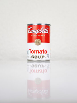SABADELL, SPAIN-NOVEMBER 11, 2019: Can of Campbell's Tomato Soup, 2019 design, reflection imagine