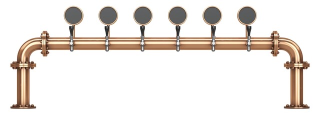 Six rotating beer taps. Copper pipe bridge.