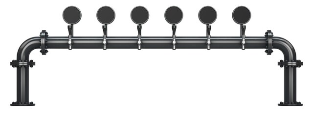 Six rotating beer taps. Black pipe bridge.